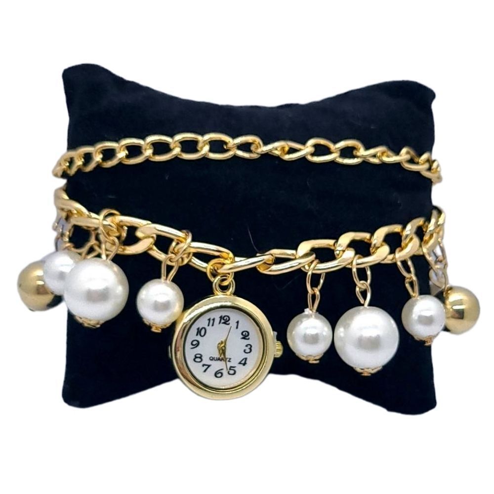 Gold Charm Bracelet Watch Faux Pearl Layered Chain Vintage Inspired Old Money - Picture 5 of 9